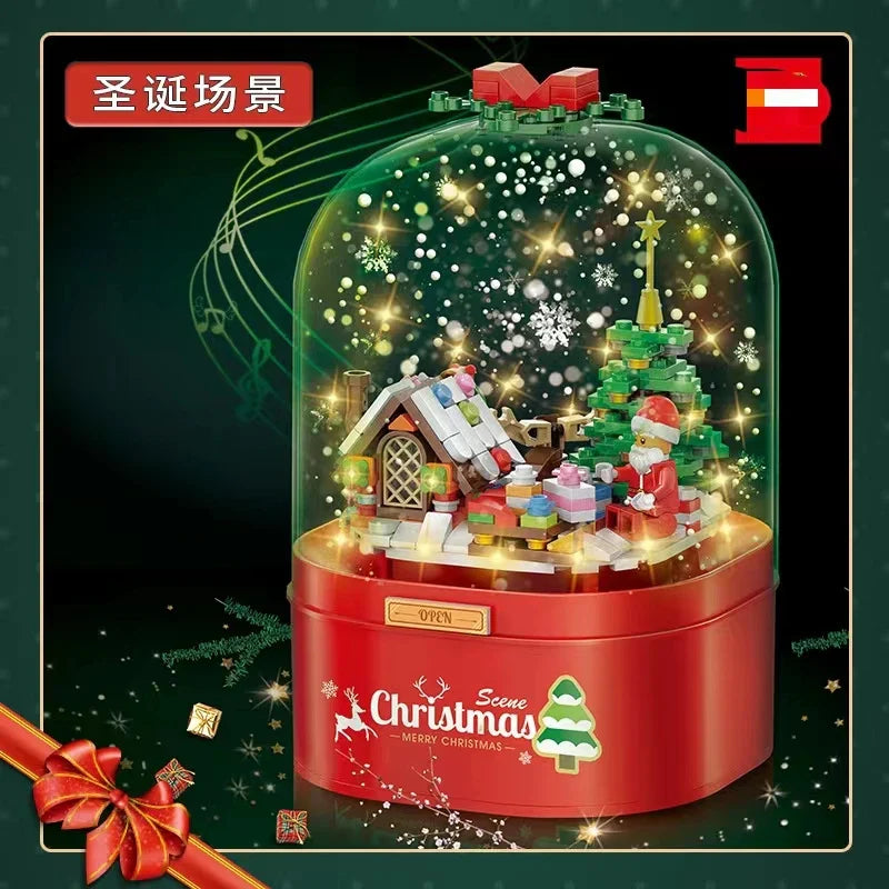 KTX-440275 DIY Christmas Tree Building Blocks Music Box with Lights and Snowflake Effect
