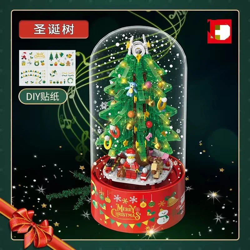 KTX-440275 DIY Christmas Tree Building Blocks Music Box with Lights and Snowflake Effect