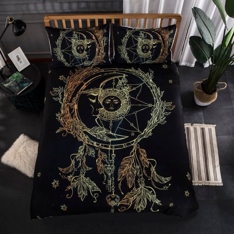 HKM-440915 Cross-border Gold Sticker Series Three-Piece Bed Set - Polyester, Reactive Print, Available in Black Gold