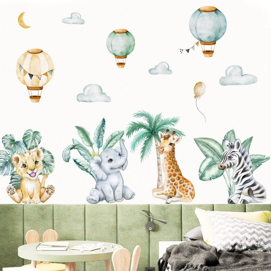 HKM-441427 Boho Large Tropical Tree Wall Sticker with African Wildlife Design for Children's Rooms and Living Spaces
