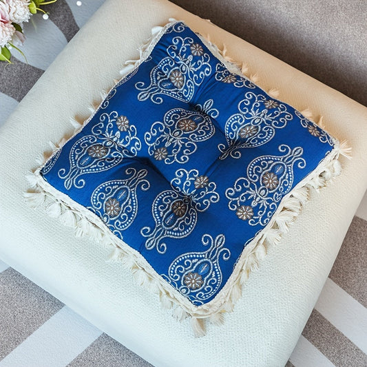 HKM-441427 Boho Tassel Cushion with Elegant Blue Floral Design, 40x40cm, Ideal Decorative Support for Chairs and Sofas