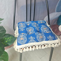 HKM-441427 Boho Tassel Cushion with Elegant Blue Floral Design, 40x40cm, Ideal Decorative Support for Chairs and Sofas
