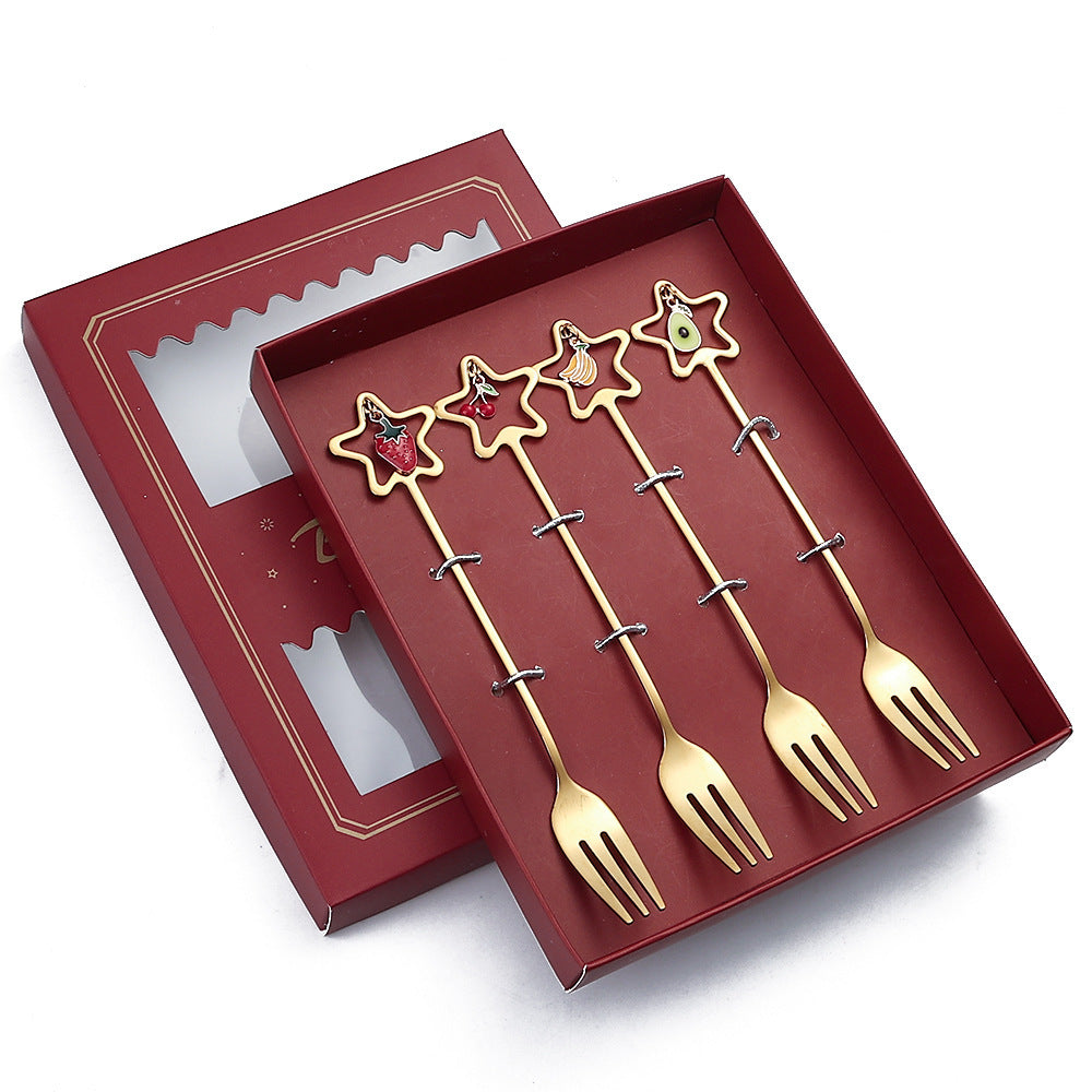 HKM-441555 Golden Five-pointed Star Dessert Fork Set – Stainless Steel, 4 or 6 Pieces, Gift-Ready Boxes in Red or Green for Various Occasions