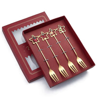 HKM-441555 Golden Five-pointed Star Dessert Fork Set – Stainless Steel, 4 or 6 Pieces, Gift-Ready Boxes in Red or Green for Various Occasions