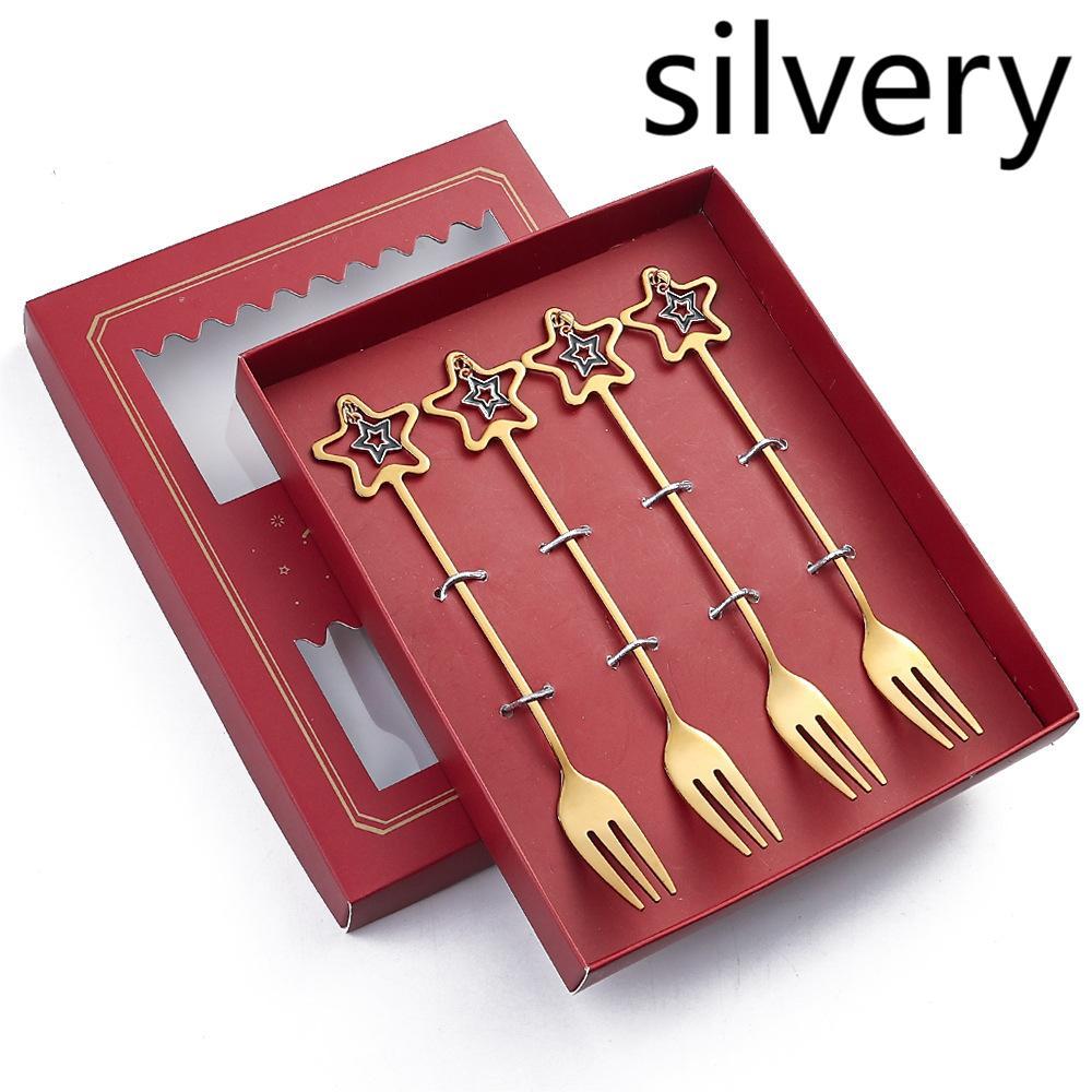 HKM-441555 Golden Five-pointed Star Dessert Fork Set – Stainless Steel, 4 or 6 Pieces, Gift-Ready Boxes in Red or Green for Various Occasions