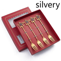 HKM-441555 Golden Five-pointed Star Dessert Fork Set – Stainless Steel, 4 or 6 Pieces, Gift-Ready Boxes in Red or Green for Various Occasions