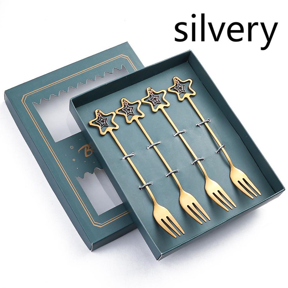 HKM-441555 Golden Five-pointed Star Dessert Fork Set – Stainless Steel, 4 or 6 Pieces, Gift-Ready Boxes in Red or Green for Various Occasions