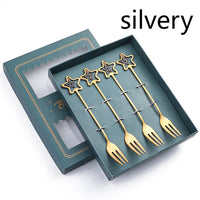 HKM-441555 Golden Five-pointed Star Dessert Fork Set – Stainless Steel, 4 or 6 Pieces, Gift-Ready Boxes in Red or Green for Various Occasions