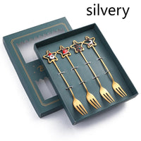 HKM-441555 Golden Five-pointed Star Dessert Fork Set – Stainless Steel, 4 or 6 Pieces, Gift-Ready Boxes in Red or Green for Various Occasions