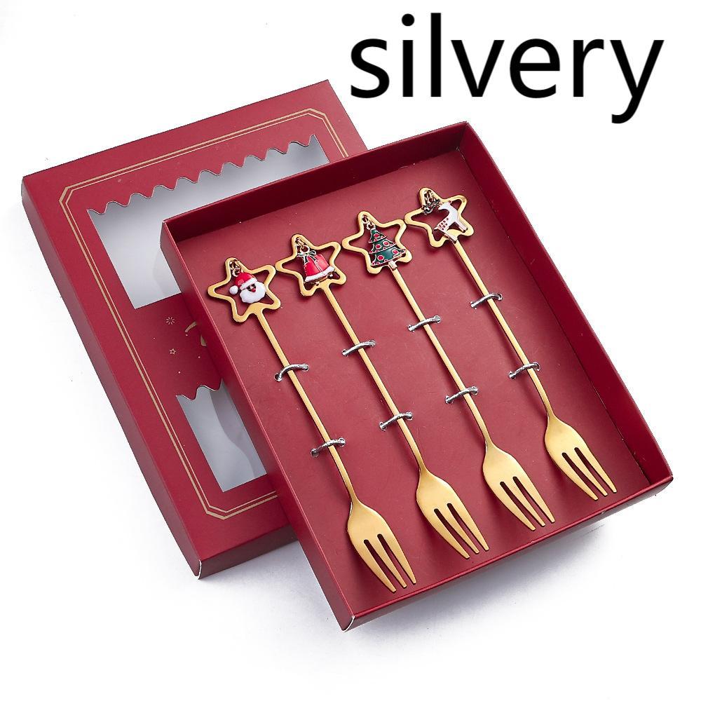 HKM-441555 Golden Five-pointed Star Dessert Fork Set – Stainless Steel, 4 or 6 Pieces, Gift-Ready Boxes in Red or Green for Various Occasions