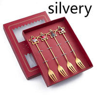 HKM-441555 Golden Five-pointed Star Dessert Fork Set – Stainless Steel, 4 or 6 Pieces, Gift-Ready Boxes in Red or Green for Various Occasions