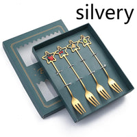 HKM-441555 Golden Five-pointed Star Dessert Fork Set – Stainless Steel, 4 or 6 Pieces, Gift-Ready Boxes in Red or Green for Various Occasions