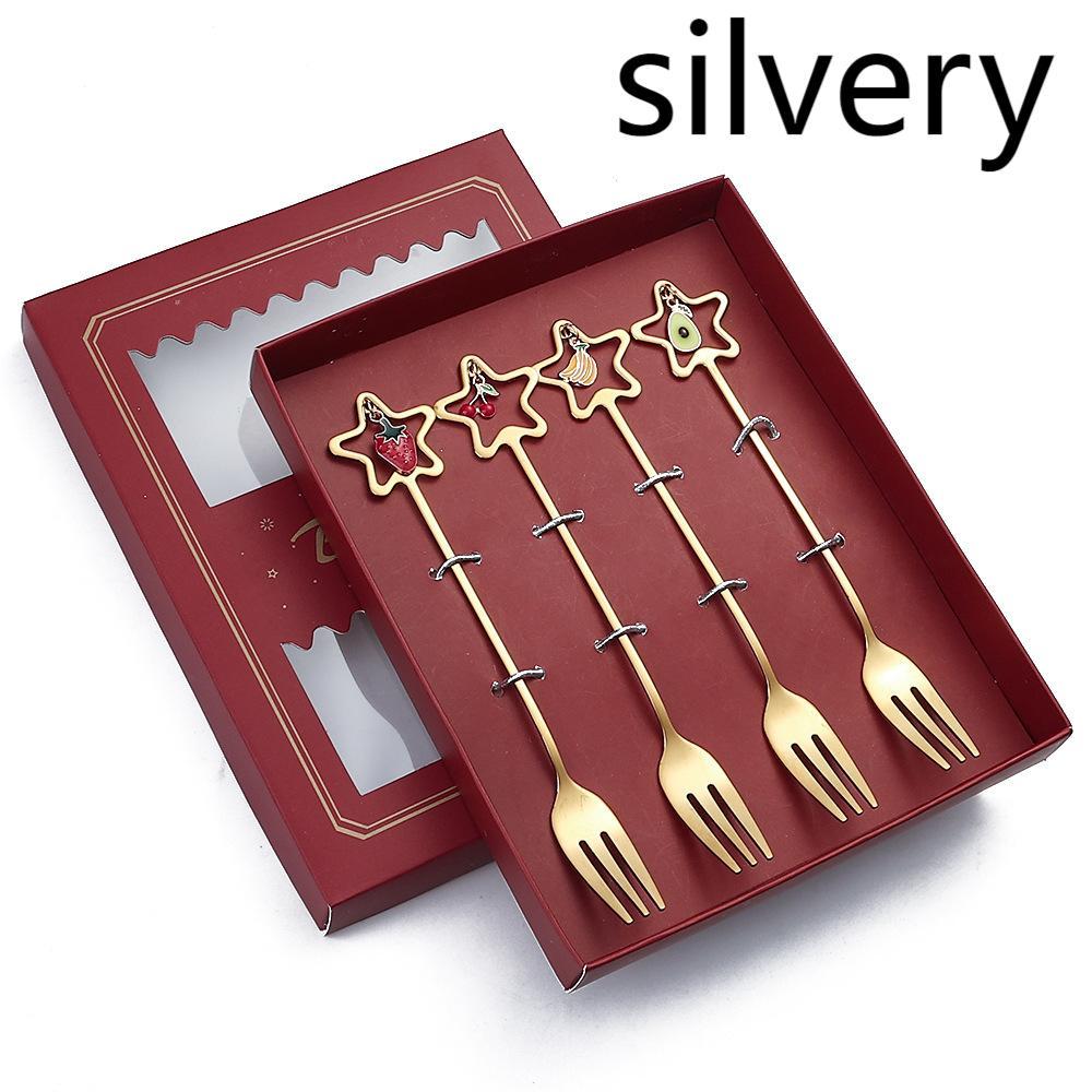 HKM-441555 Golden Five-pointed Star Dessert Fork Set – Stainless Steel, 4 or 6 Pieces, Gift-Ready Boxes in Red or Green for Various Occasions