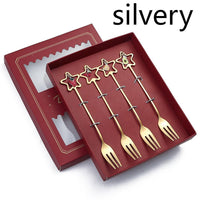 HKM-441555 Golden Five-pointed Star Dessert Fork Set – Stainless Steel, 4 or 6 Pieces, Gift-Ready Boxes in Red or Green for Various Occasions