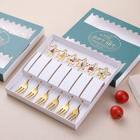 HKM-441555 Golden Five-pointed Star Dessert Fork Set – Stainless Steel, 4 or 6 Pieces, Gift-Ready Boxes in Red or Green for Various Occasions