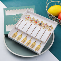 HKM-441555 Golden Five-pointed Star Dessert Fork Set – Stainless Steel, 4 or 6 Pieces, Gift-Ready Boxes in Red or Green for Various Occasions