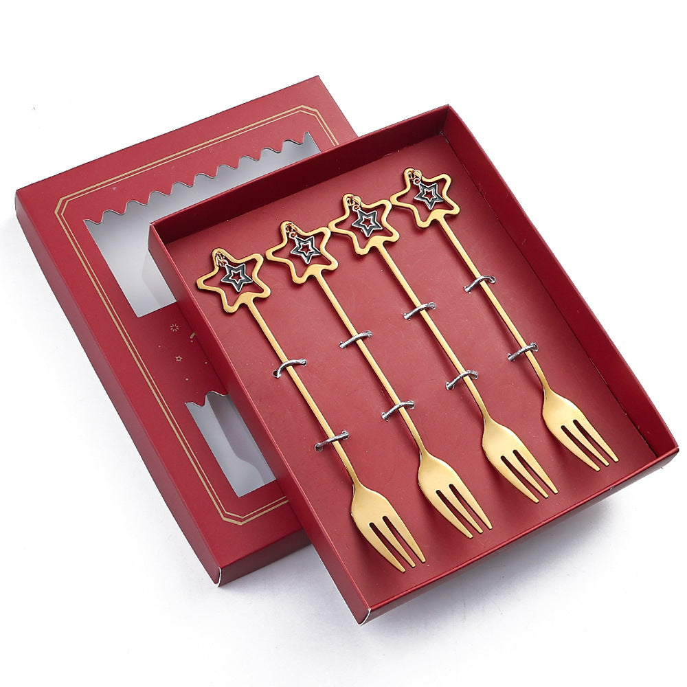 HKM-441555 Golden Five-pointed Star Dessert Fork Set – Stainless Steel, 4 or 6 Pieces, Gift-Ready Boxes in Red or Green for Various Occasions