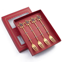 HKM-441555 Golden Five-pointed Star Dessert Fork Set – Stainless Steel, 4 or 6 Pieces, Gift-Ready Boxes in Red or Green for Various Occasions