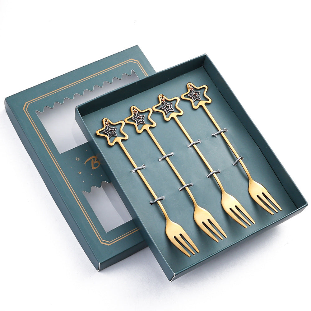 HKM-441555 Golden Five-pointed Star Dessert Fork Set – Stainless Steel, 4 or 6 Pieces, Gift-Ready Boxes in Red or Green for Various Occasions
