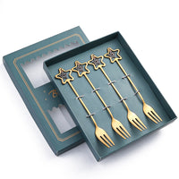HKM-441555 Golden Five-pointed Star Dessert Fork Set – Stainless Steel, 4 or 6 Pieces, Gift-Ready Boxes in Red or Green for Various Occasions