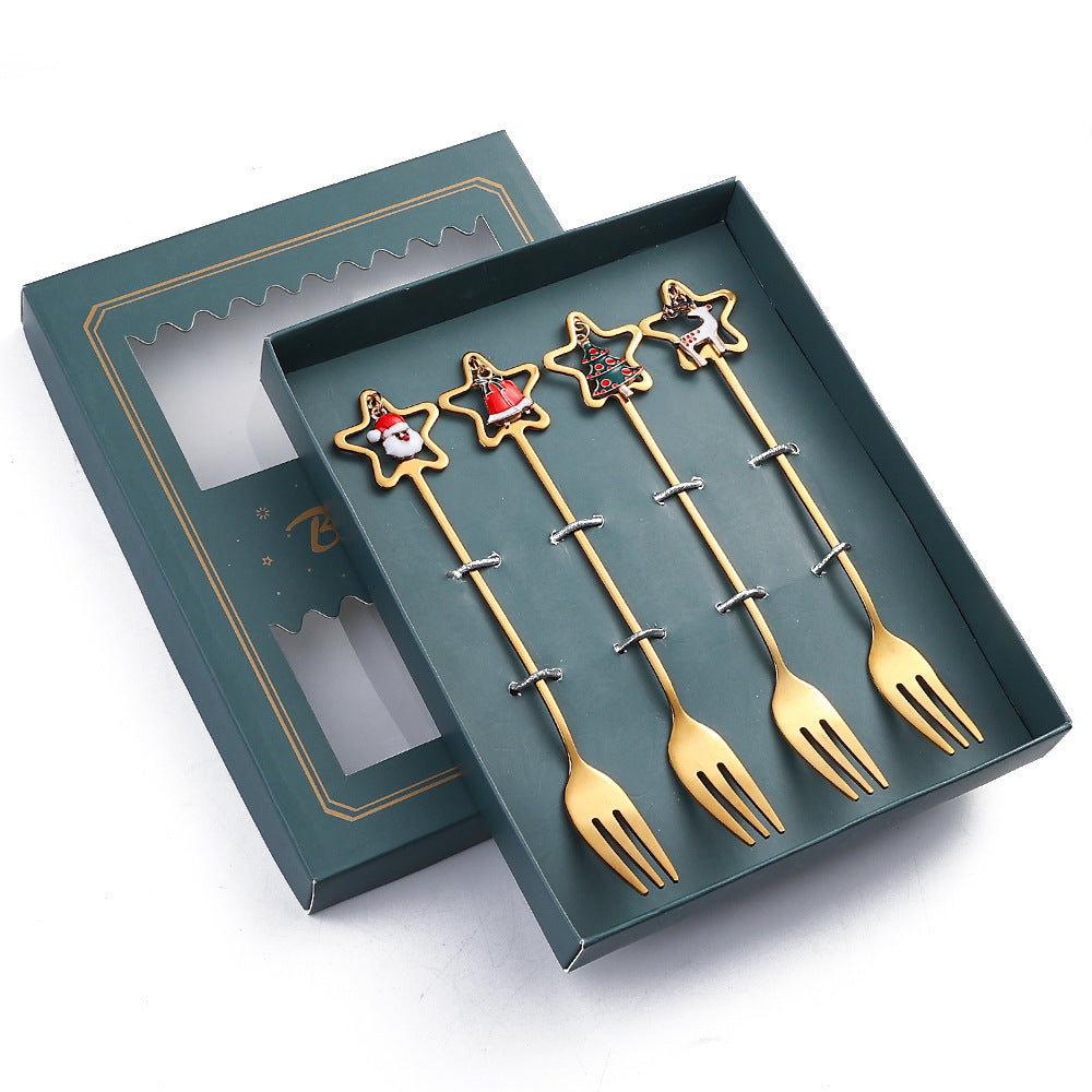 HKM-441555 Golden Five-pointed Star Dessert Fork Set – Stainless Steel, 4 or 6 Pieces, Gift-Ready Boxes in Red or Green for Various Occasions