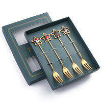 HKM-441555 Golden Five-pointed Star Dessert Fork Set – Stainless Steel, 4 or 6 Pieces, Gift-Ready Boxes in Red or Green for Various Occasions