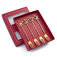 HKM-441555 Golden Five-pointed Star Dessert Fork Set – Stainless Steel, 4 or 6 Pieces, Gift-Ready Boxes in Red or Green for Various Occasions