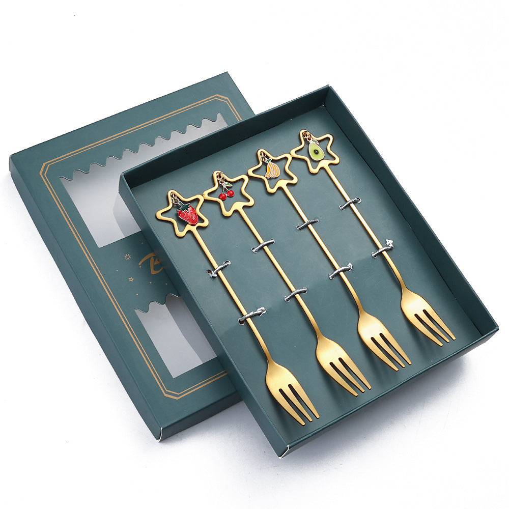 HKM-441555 Golden Five-pointed Star Dessert Fork Set – Stainless Steel, 4 or 6 Pieces, Gift-Ready Boxes in Red or Green for Various Occasions