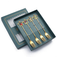 HKM-441555 Golden Five-pointed Star Dessert Fork Set – Stainless Steel, 4 or 6 Pieces, Gift-Ready Boxes in Red or Green for Various Occasions