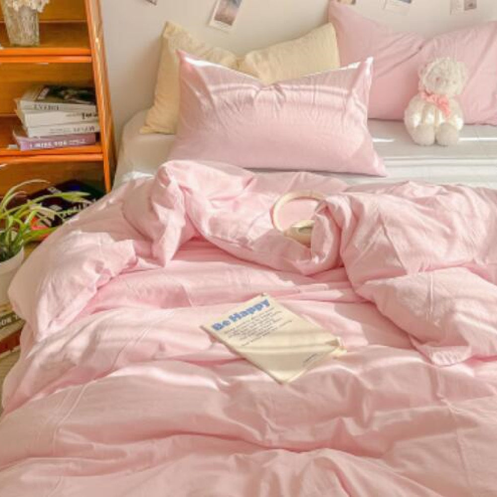 HKM-441747 Minimalist Washed Cotton Bed Set - 4 Pieces with Duvet Cover, Pillowcase, and Bed Sheet in Multiple Sizes