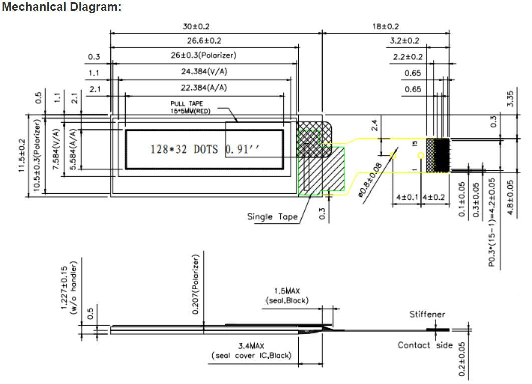 HKM-441939 0.91 Inch OLED Display Module P12832-4-W15P091 Blue Liquid Crystal Screen, 128x32 Resolution, 15-pin Connector