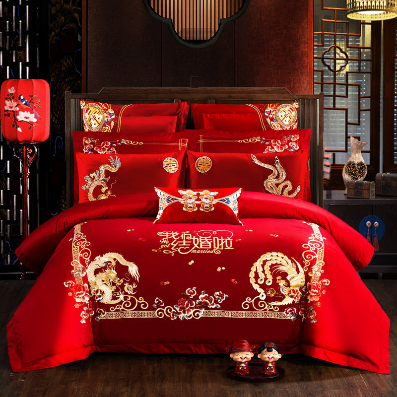 HKM-442515 Embroidered Cotton Bedding Set - Happy Wedding Series, 4 Pieces, 1.8m Bed Size, Floral Design