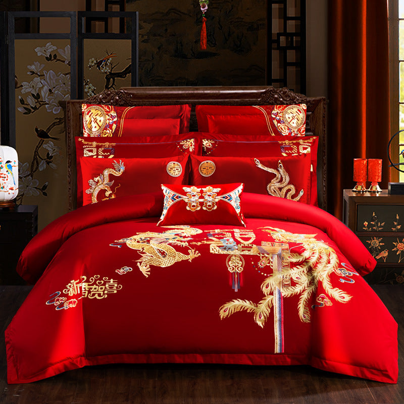 HKM-442515 Embroidered Cotton Bedding Set - Happy Wedding Series, 4 Pieces, 1.8m Bed Size, Floral Design