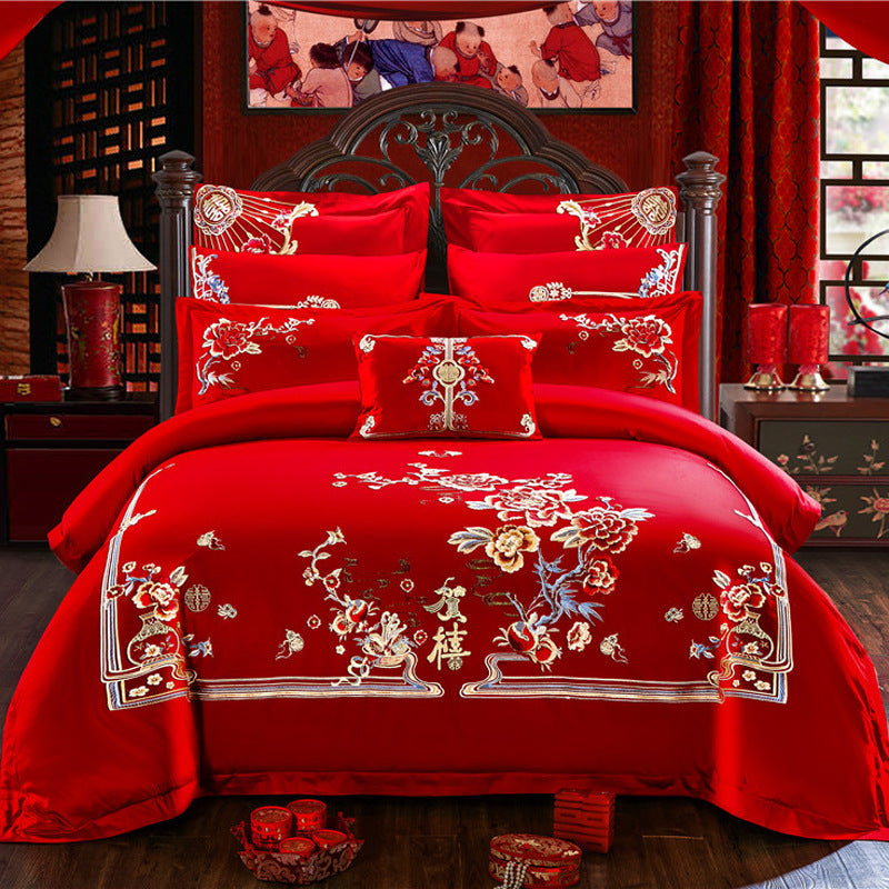 HKM-442515 Embroidered Cotton Bedding Set - Happy Wedding Series, 4 Pieces, 1.8m Bed Size, Floral Design