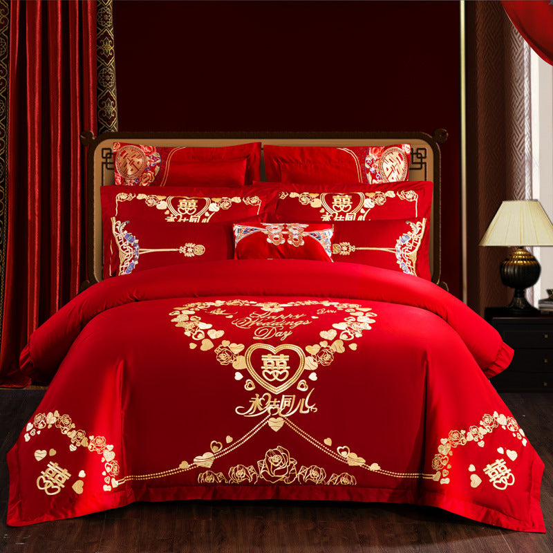 HKM-442515 Embroidered Cotton Bedding Set - Happy Wedding Series, 4 Pieces, 1.8m Bed Size, Floral Design