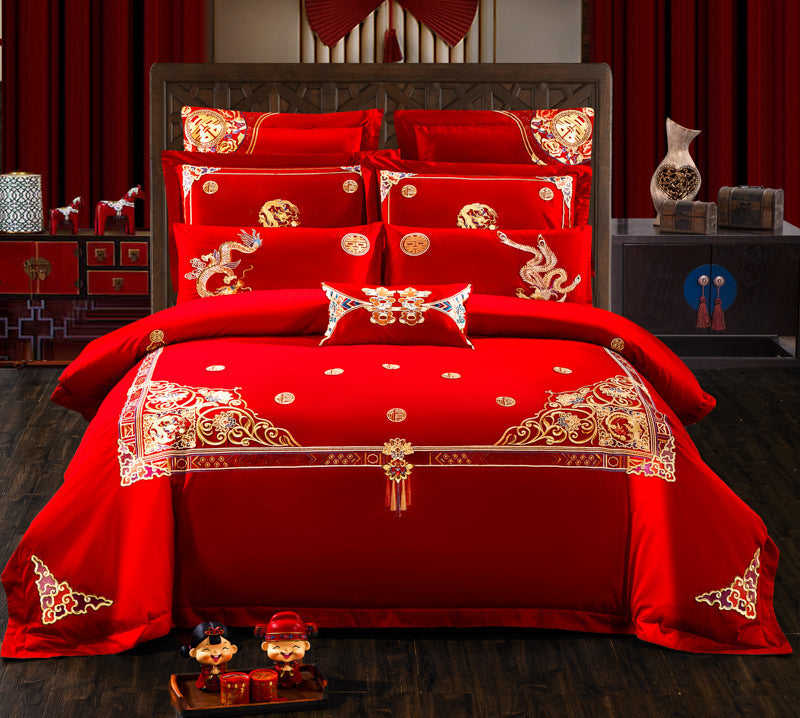 HKM-442515 Embroidered Cotton Bedding Set - Happy Wedding Series, 4 Pieces, 1.8m Bed Size, Floral Design