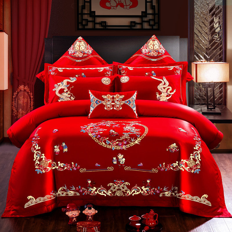 HKM-442515 Embroidered Cotton Bedding Set - Happy Wedding Series, 4 Pieces, 1.8m Bed Size, Floral Design