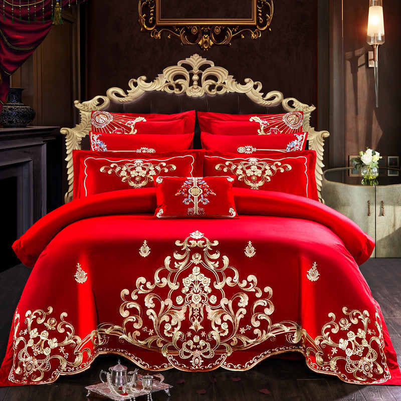 HKM-442515 Embroidered Cotton Bedding Set - Happy Wedding Series, 4 Pieces, 1.8m Bed Size, Floral Design