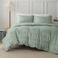 HKM-442579 Hand-Painted Green Plant & Flower Quilt Set - Three-Piece Bedding Collection