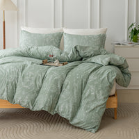 HKM-442579 Hand-Painted Green Plant & Flower Quilt Set - Three-Piece Bedding Collection
