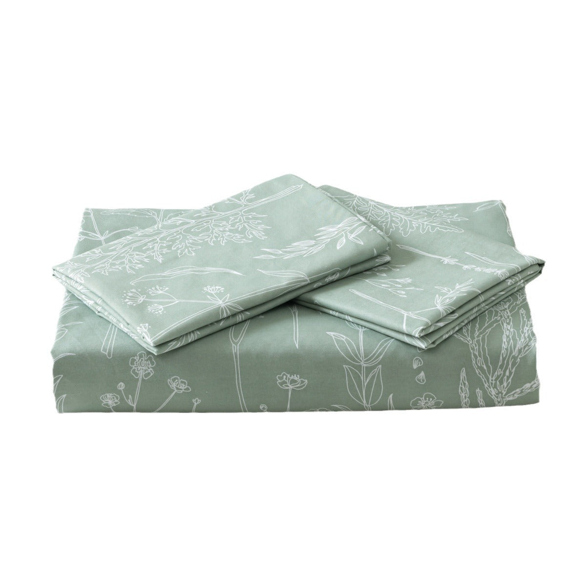 HKM-442579 Hand-Painted Green Plant & Flower Quilt Set - Three-Piece Bedding Collection