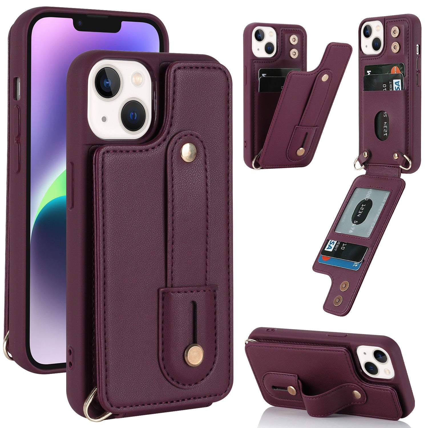 HKM-442835 Multi-Functional TPU Phone Case with Card Holder and Kickstand for iPhone 14, 15, 16 Series