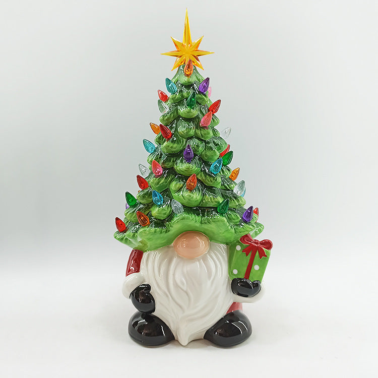 HKM-443027 Ceramic Dwarf Lantern with LED Light - Green Resin Table Ornament