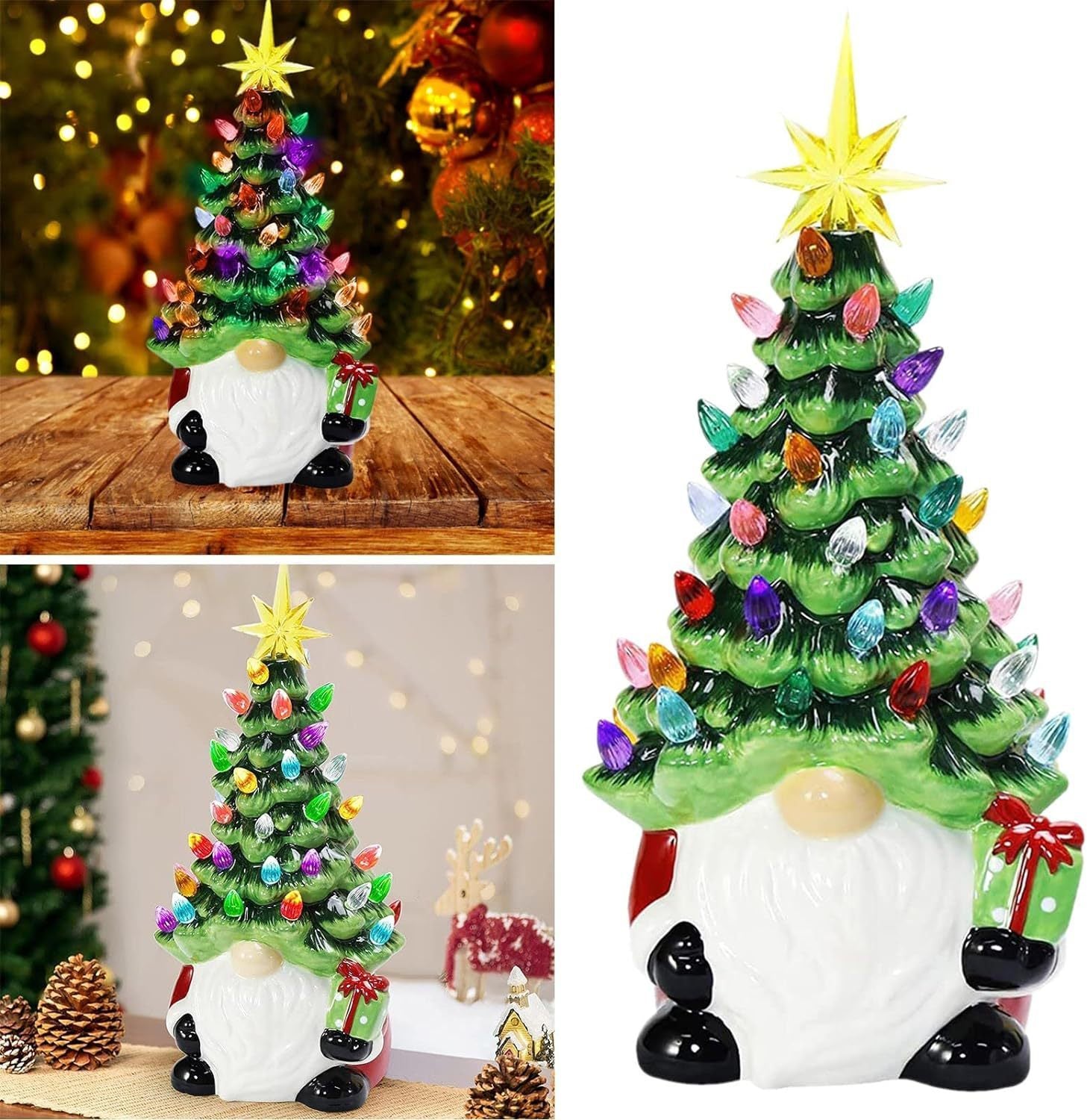 HKM-443027 Ceramic Dwarf Lantern with LED Light - Green Resin Table Ornament