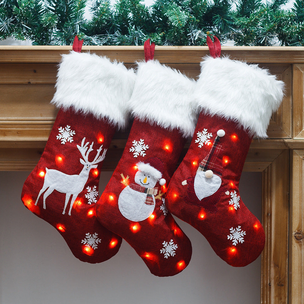 HKM-443347 Light-Up Christmas Sock Gift Bag with Burlap Embroidery - 47x29cm, Includes Battery Box (Batteries Not Included)