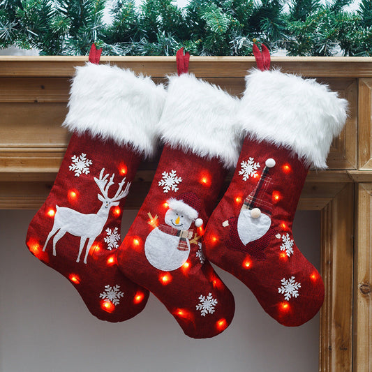 HKM-443347 Light-Up Christmas Sock Gift Bag with Burlap Embroidery - 47x29cm, Includes Battery Box (Batteries Not Included)