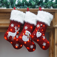 HKM-443347 Light-Up Christmas Sock Gift Bag with Burlap Embroidery - 47x29cm, Includes Battery Box (Batteries Not Included)