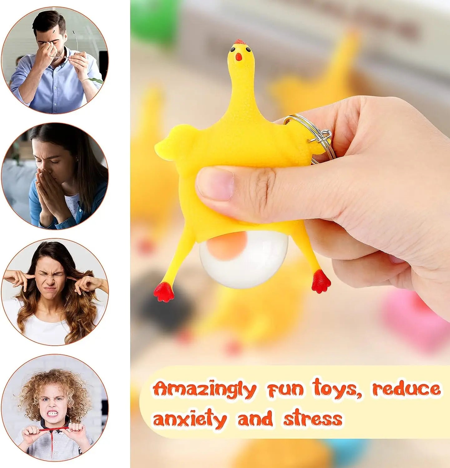 HKM-444691 Squishy Chicken Laying Fidget Keychain Stress Relief Toy for All Ages