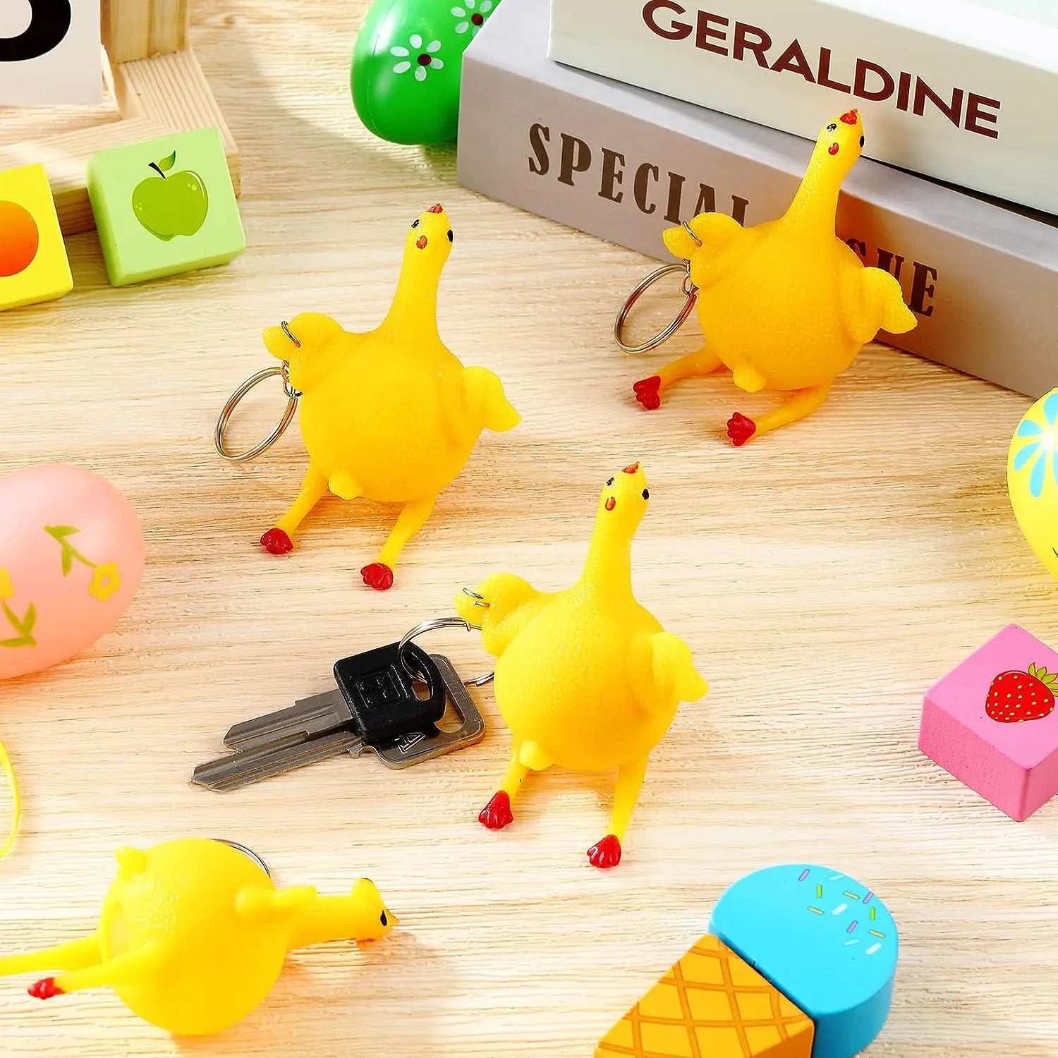HKM-444691 Squishy Chicken Laying Fidget Keychain Stress Relief Toy for All Ages