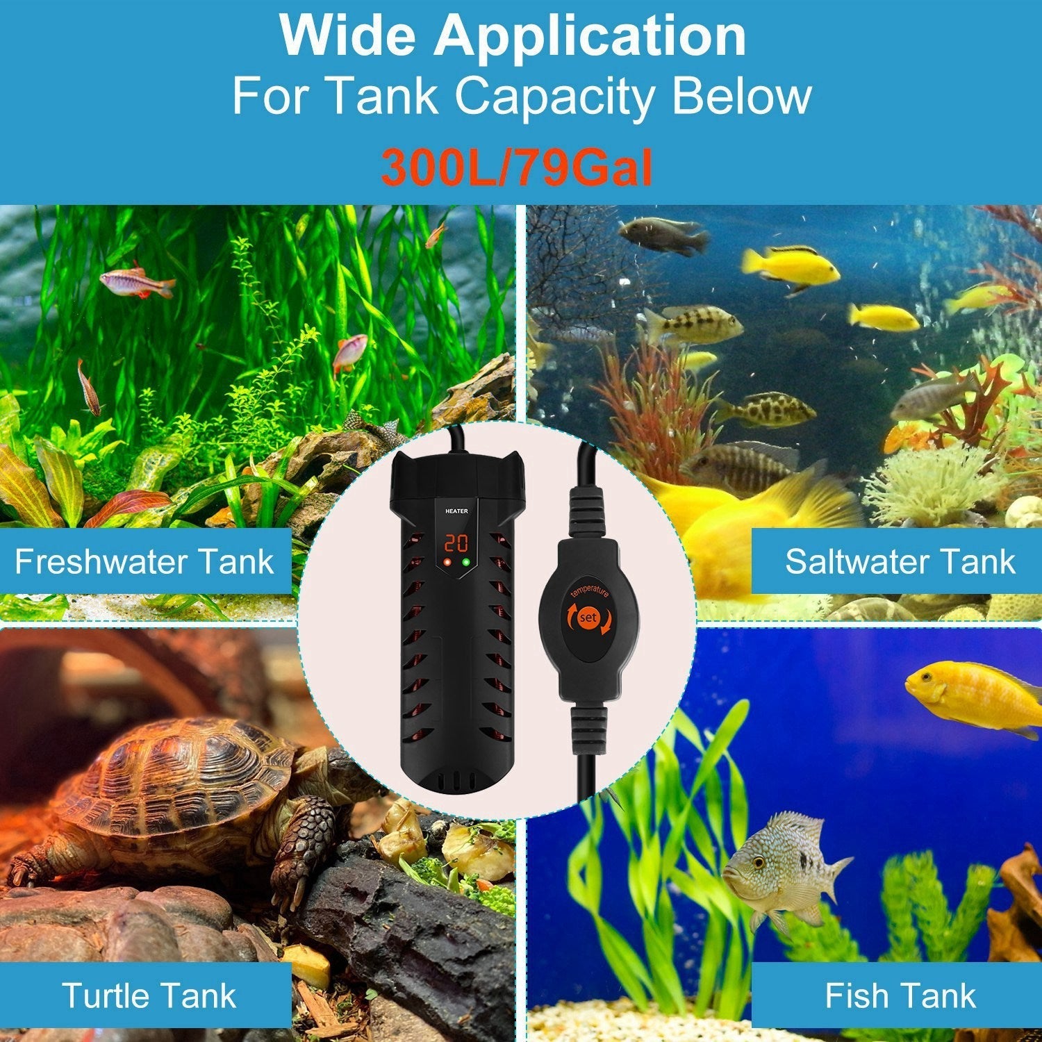 HKM-445715 500W Submersible Aquarium Heater with External Controller for Freshwater & Saltwater Tanks up to 79 Gallons